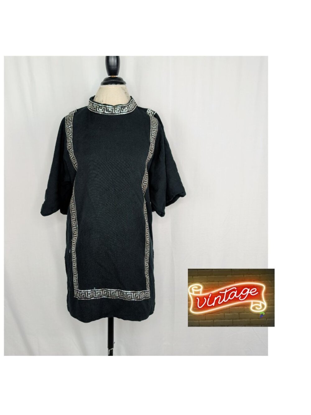 Vintage Black Caftan Tunic Small Knit Silver Greek